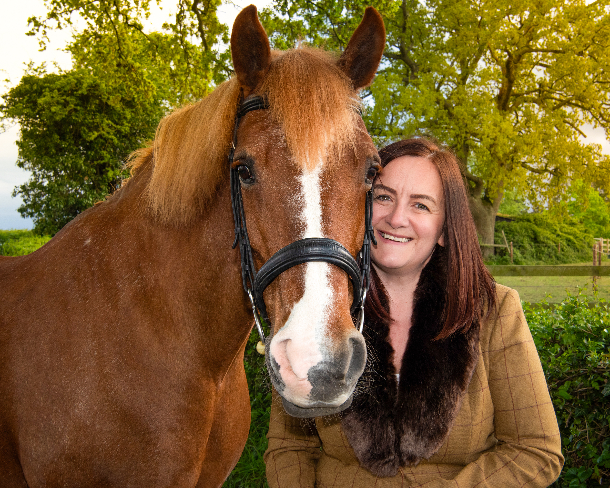 Horse and rider portrait of a happy horse owner and her mare.